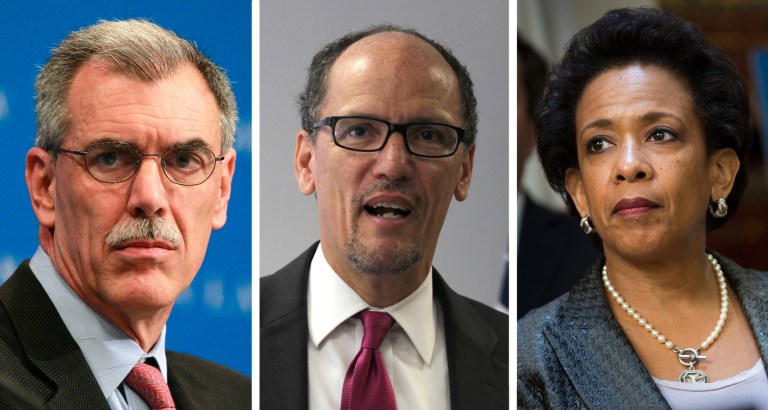 From left, solicitor general Donald Verrilli, Labor Secretary Thomas Perez, and U.S. Attorney Loretta Lynch. (AP images)
