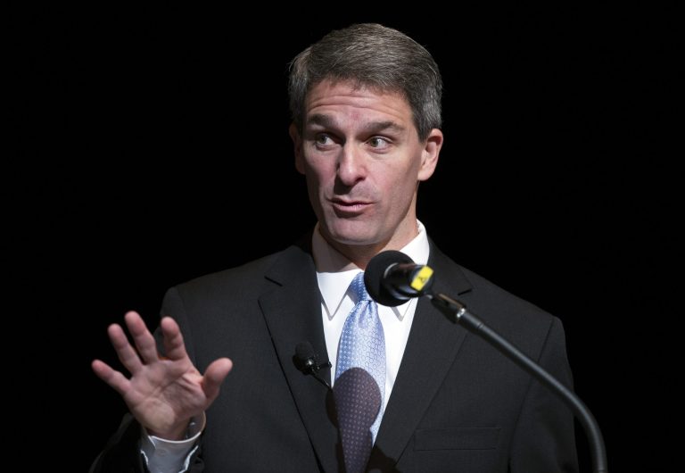 Virginia Republican gubernatorial candidate Ken Cuccinelli, right, speaks at the Battleground Forum, Friday, Aug. 9, at the Prince William campus of George Mason University in Manassas, Va. McAuliffe and Republican Ken Cuccinelli met Friday in another non-debate forum, a format that's become common among Virginia's two scandal-scarred candidates for governor.  (AP/Cliff Owen)