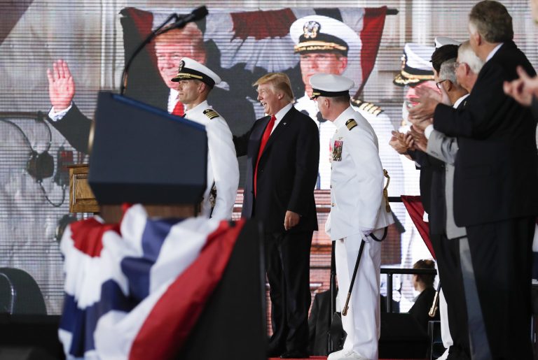 President Donald Trump arrives to speak during the commissioning ceremony of the aircraft carrier USS Gerald R. Ford (CVN 78) at Naval Station Norfolk, Va., Saturday, July, 22, 2017. (AP Photo/Carolyn Kaster)