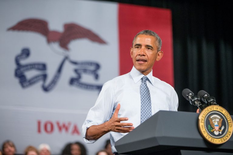 President Obama speaks at a town hall with high school juniors, seniors and their parents at North High School in Des Moines, Monday, Sept. 14, 2015, to discuss college access and affordability. (AP Photo/Andrew Harnik)