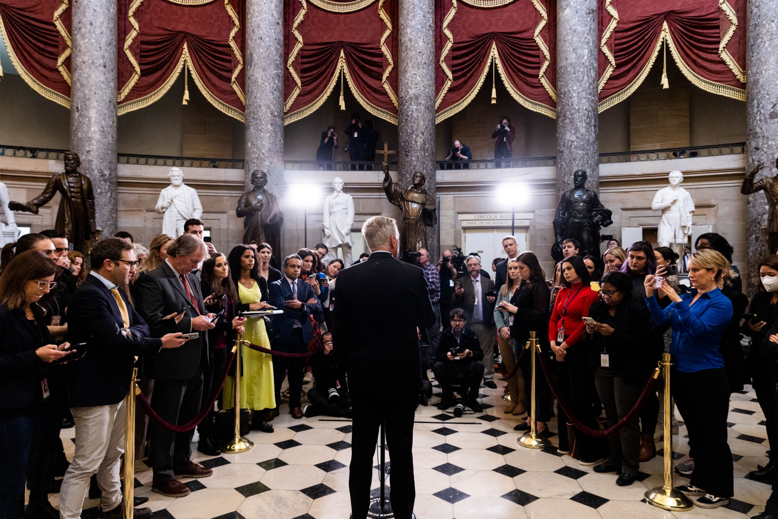 Speaker Kevin McCarthy speaks at a news conference in Statuary Hall of the U.S. Capitol Building on January 12, 2023. McCarthy discussed the classified documents found inside an office used by U.S. President Joe Biden after his time as vice president and committee assignments for Rep. George Santos (R-NY)