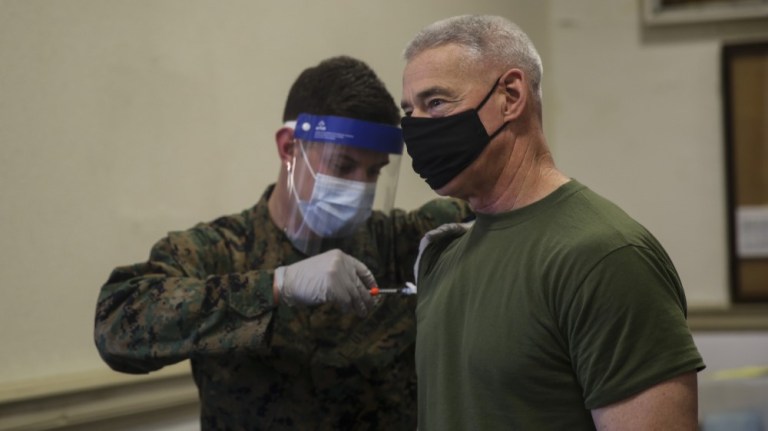 U.S. Marine Corps Lt. Gen. Brian D. Beaudreault gets the COVID-19 vaccine on Camp Lejeune, N.C., Jan. 20. 2021. 