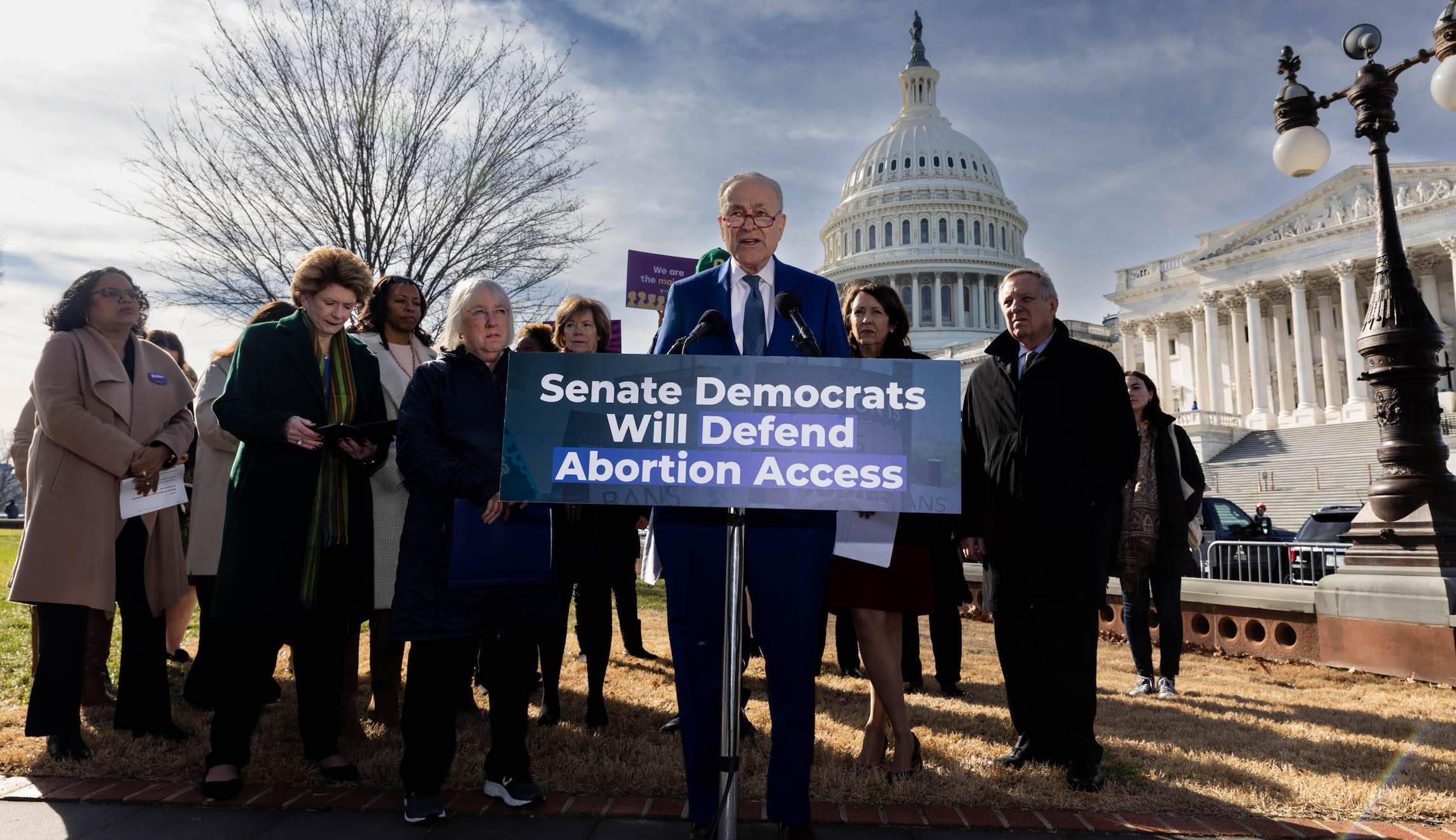 Senate Majority Leader Chuck Schumer, D-NY, speaks during a news conference about abortion rights outside the U.S. Capitol January 24, 2023 in Washington, DC. Senate Democrats held the news conference to mark the 50th anniversary of the now-overturned Roe v. Wade Supreme Court decision.