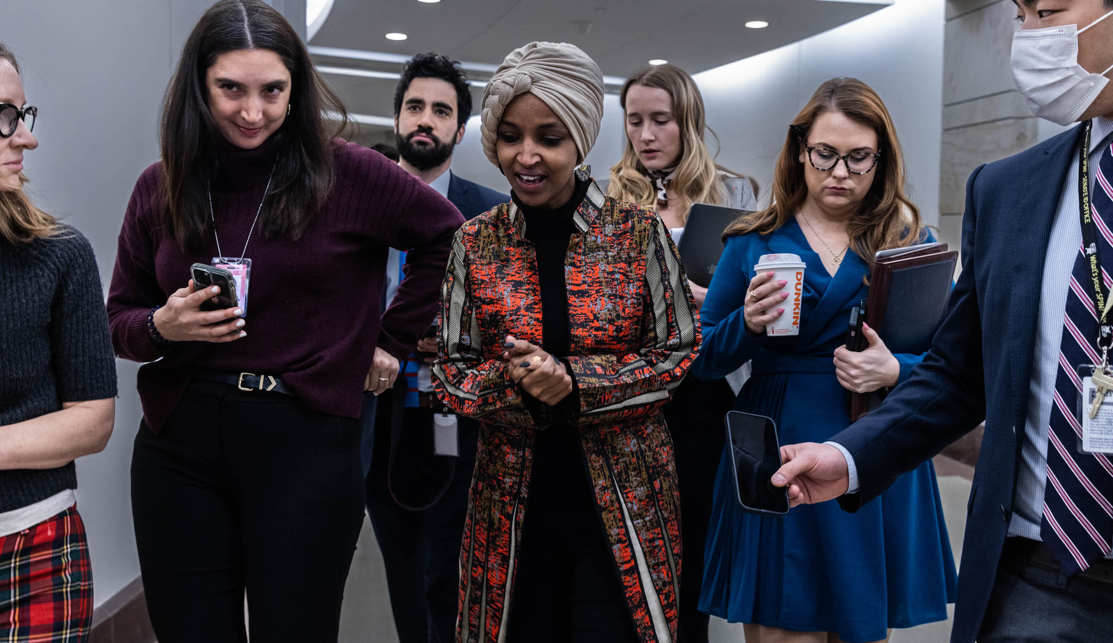 U.S. Rep. Ilhan Omar (D-MN) takes questions from reporters following a press conference on committee assignments for the 118th U.S. Congress, on Capitol Hill, Jan. 25, 2023. House Speaker Kevin McCarthy recently rejected the reappointments of Rep. Adam Schiff and Rep. Eric Swalwell (D-CA) to the House Intelligence Committee and has threatened to stop Omar from serving on the House Foreign Affairs Committee.