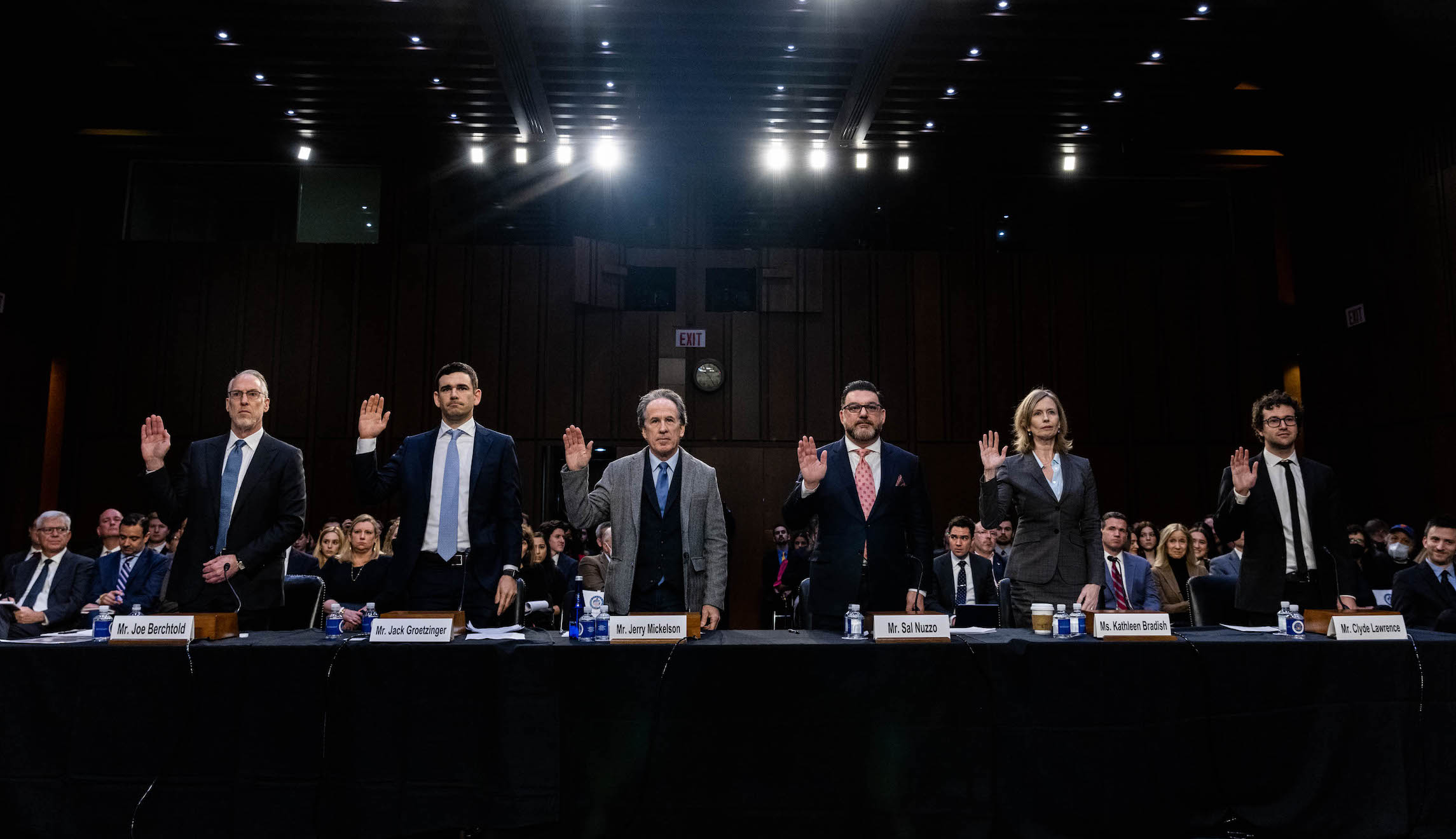 From left, Live Nation Entertainment, Inc. President And Chief Financial Officer, SeatGeek, Inc. Chief Executive Officer Jack Groetzinger, Jam Productions LLC Chief Executive Officer And President Jerry Mickelson, The James Madison Institute Senior Vice President Sal Nuzzo, American Antitrust Institute Vice President For Legal Advocacy Kathleen Bradish, and Singer-Songwriter Clyde Lawrence are sworn in to testify before a Senate Judiciary Committee hearing to examine promoting competition and protecting consumers in live entertainment on Capitol Hill, Washington, Tuesday, Jan. 24, 2023. Lawmakers grilled Joe Berchtold on Tuesday after the service’s inability to process orders for Taylor Swift’s upcoming tour left millions of people unable to buy tickets late last year.