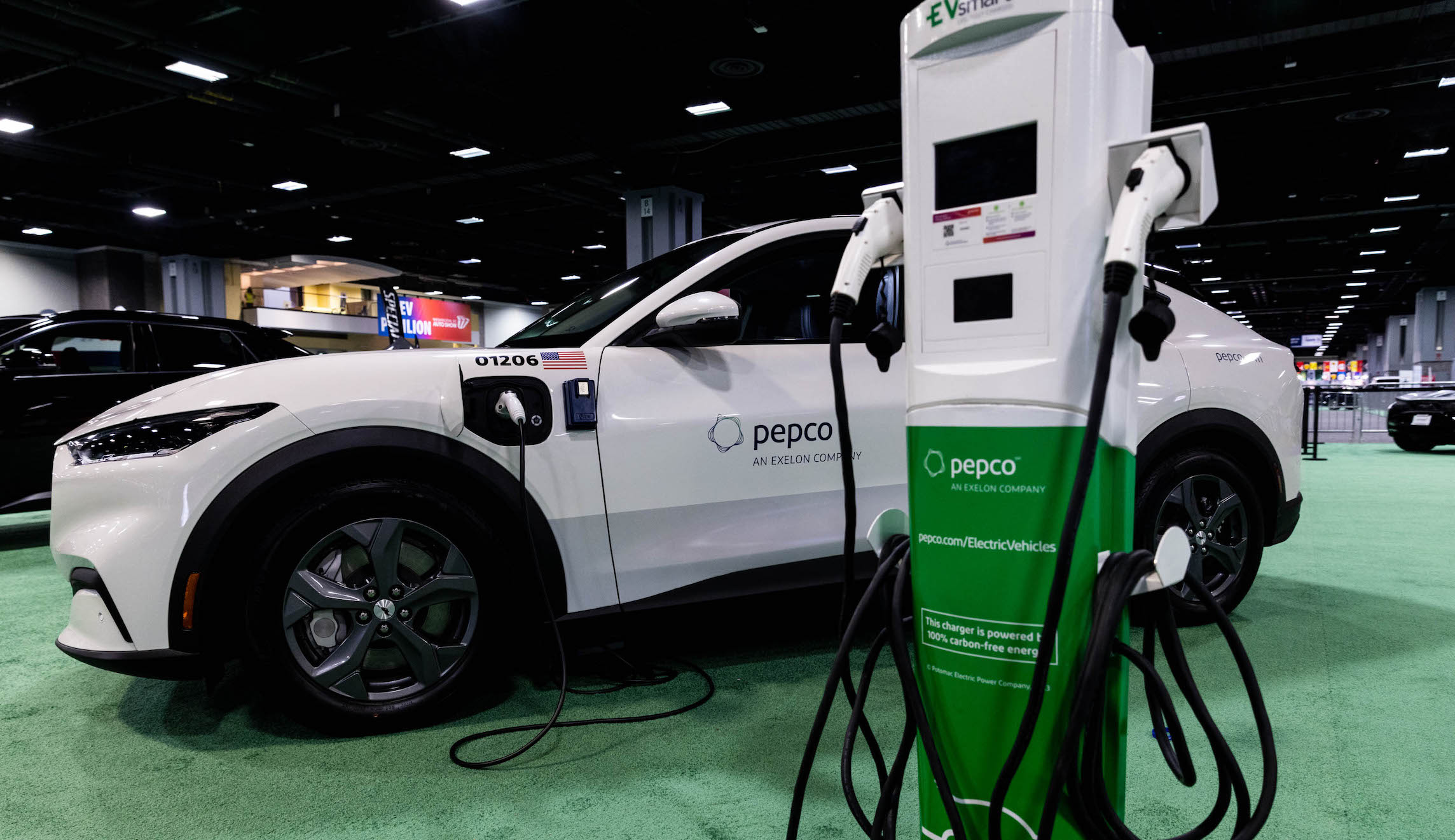 An Exelon EV charging station on display during a preview at the Washington, D.C., Auto Show at Walter E. Washington Convention Center on Jan. 19, 2023 in Washington, D.C. The Auto Show will be open to the public from Jan. 20 through Jan. 29, 2023.