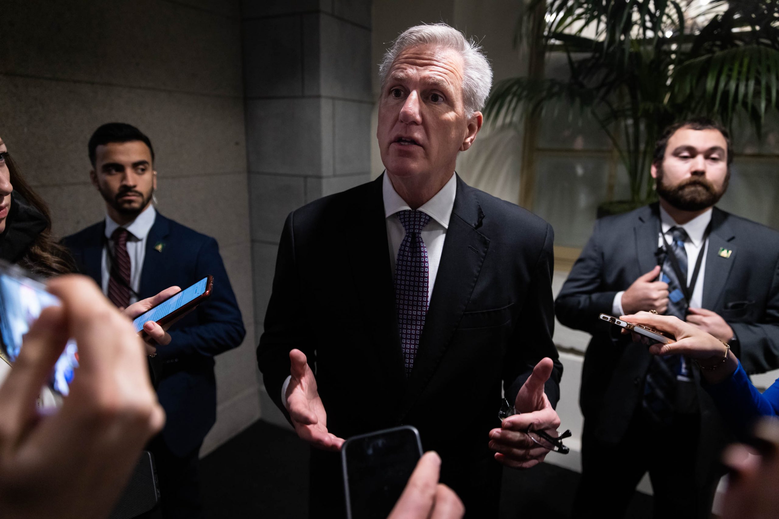 House Speaker Kevin McCarthy (R-CA) takes questions from reporters following a House GOP Caucus meeting on Capitol Hill, Tuesday, January 31, 2023