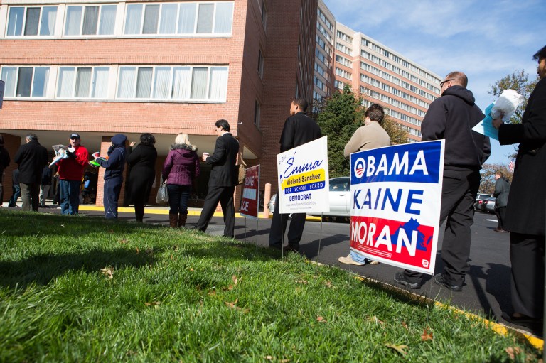 People line up to vote at a polling station in Crystal City, Arlington,VA, Tuesday, November 6th, 2012