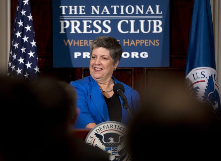   Homeland Security Secretary Janet Napolitano reacts to applause as she arrives to deliver her farewell address at the National Press Club in Washington, Tuesday, Aug. 27, 2013. Napolitano said her agency's flexibility and agility have prepared it to respond to disasters and terror attacks alike. In her farewell speech before taking over the University of California system next month, Napolitano said the department's strengths allowed it to respond quickly and effectively to hundreds of disasters and the Boston Marathon bombing. (AP Photo/Carolyn Kaster)  