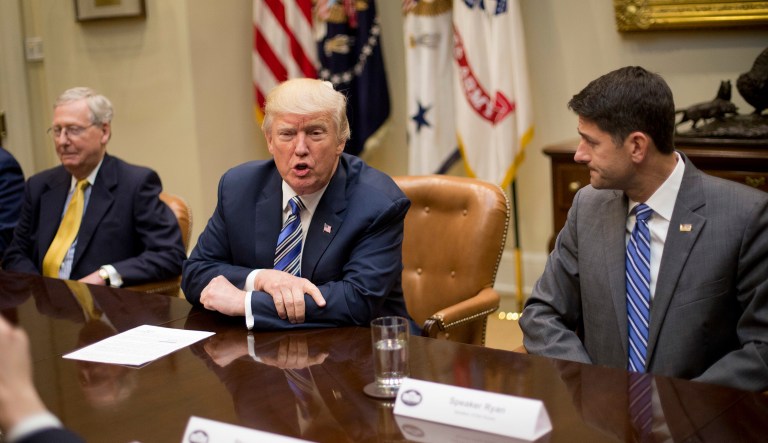 President Trump took aim at Senate Majority Leader Mitch McConnell and House Speaker Paul Ryan on Thursday, blaming them for the upcoming fight on the debt limit. (AP Photo/Pablo Martinez Monsivais)
