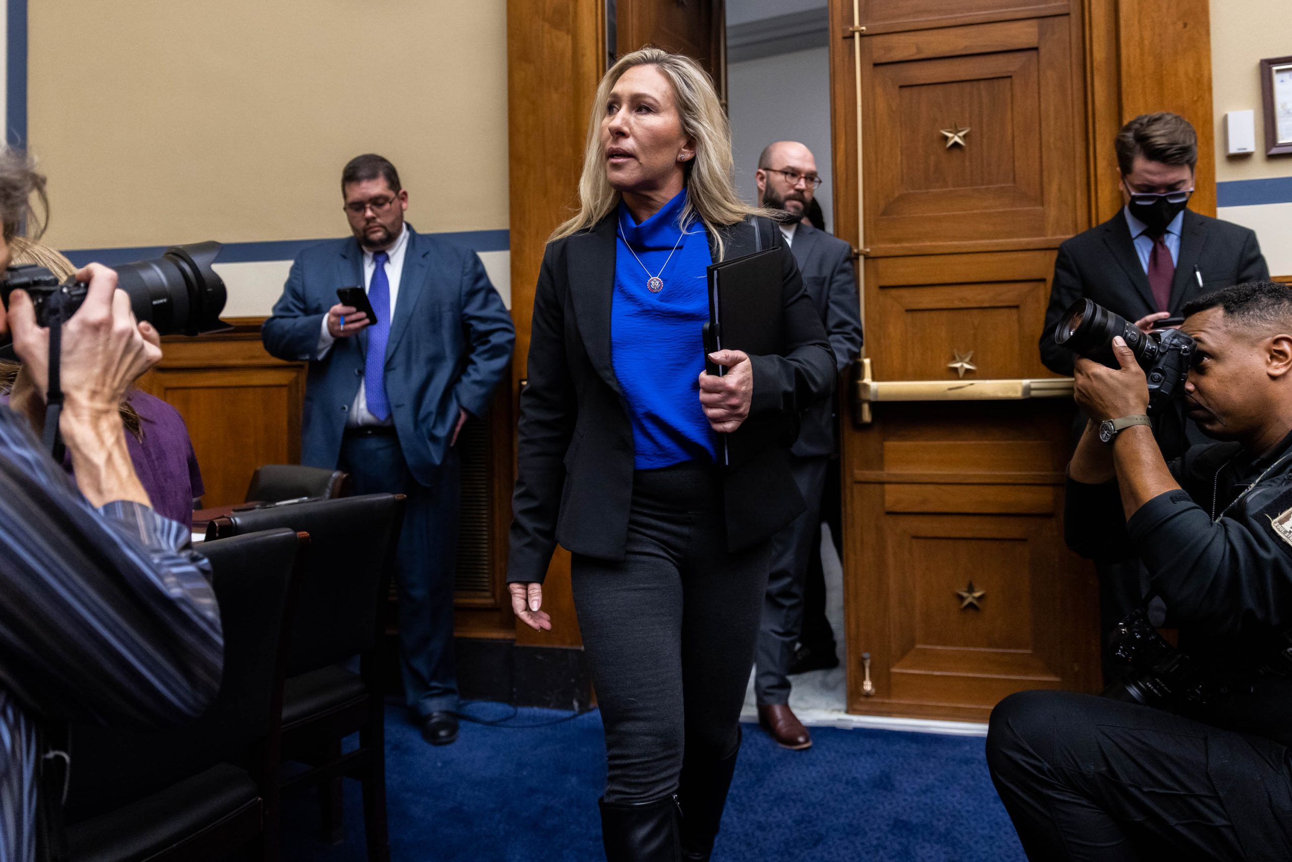 Rep. Marjorie Taylor Greene arrives at a House Oversight Committee hearing to discuss COVID Pandemic Federal Spending. Greene returned to committee work in the now GOP-controlled House, two years after being removed from her previous committees by a Democratic Party controlled House. 