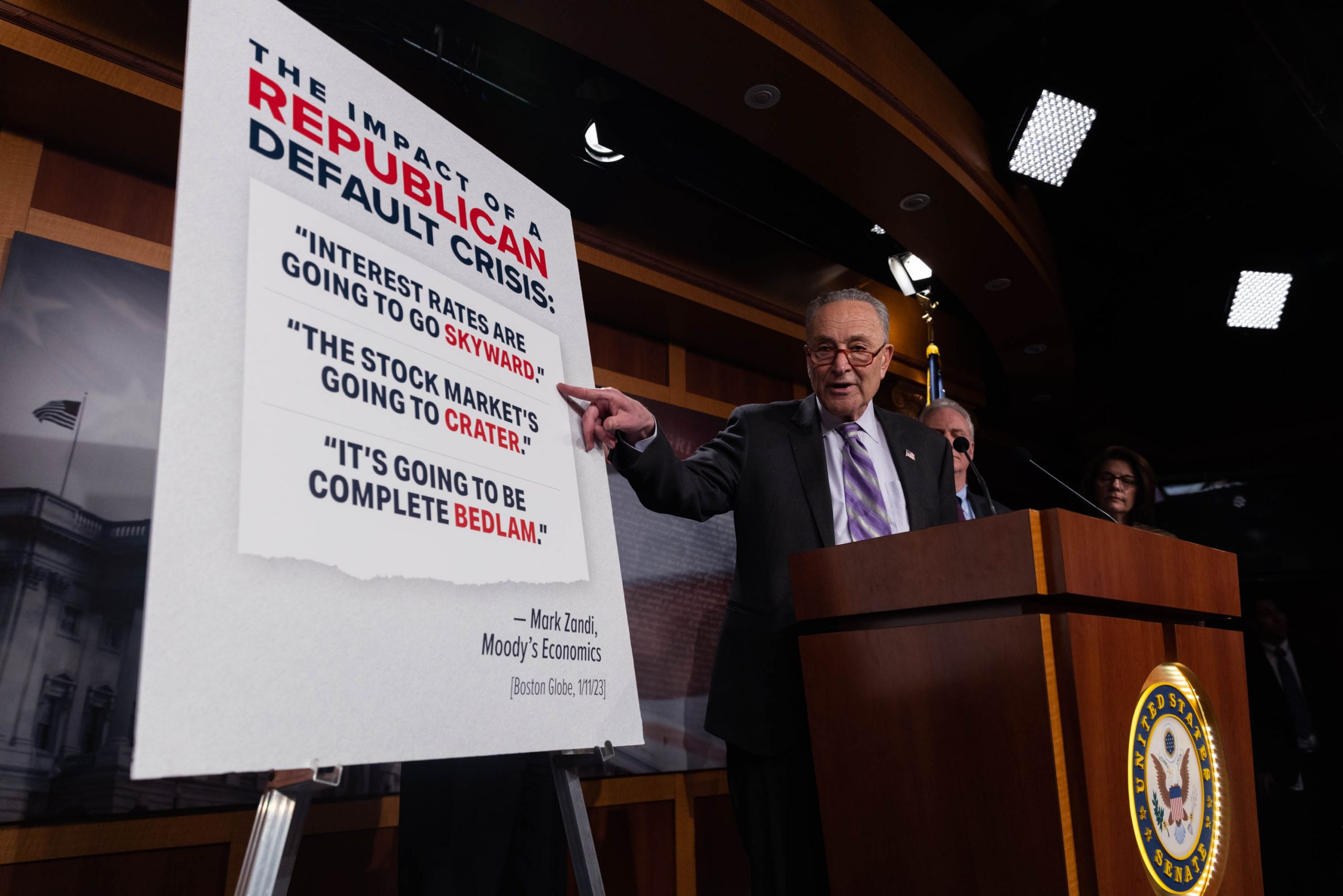 Senate Majority Leader Chuck Schumer speaks during a news conference at the U.S. Capitol February 2, 2023 in Washington, DC. Schumer criticized House Republicans for what he called brinksmanship and irresponsibility over the looming debt ceiling