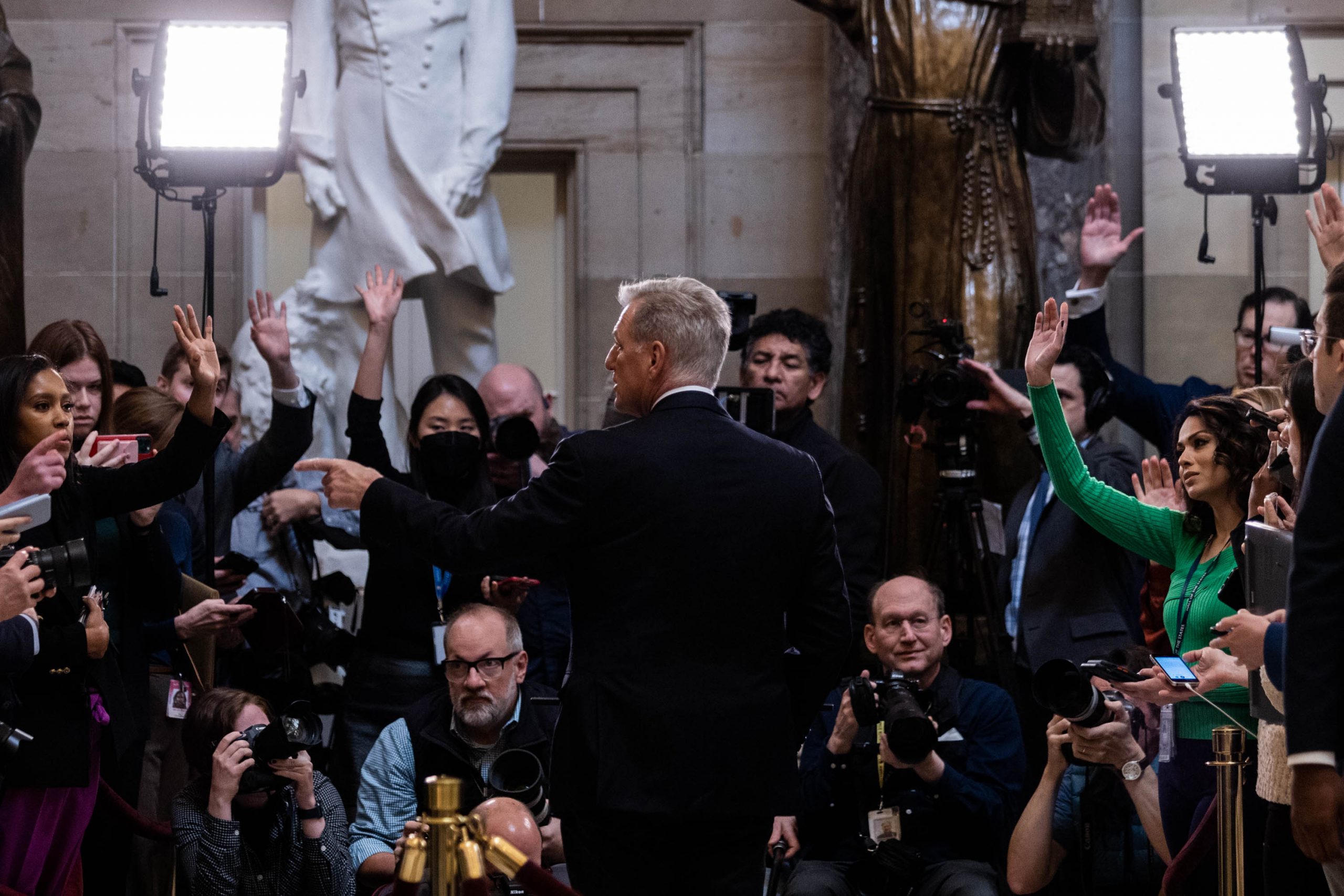 U.S. Speaker Kevin McCarthy gives remarks at a news conference in Statuary Hall of the U.S. Capitol Building on February 02, 2023. McCarthy discussed the House of Representatives voting on the removal of Rep. Ilhan Omar (D-MN) from the Foreign Affairs Committee. 