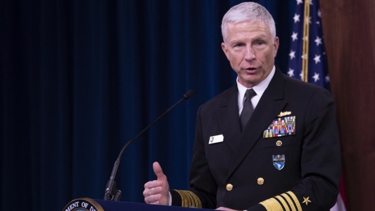 Admiral Craig S. Faller, Commander, U.S. Southern Command, briefs members of the news media on the importance of USSOUTHCOM to the United States National Defense Strategy at the Pentagon Briefing Room, Washington D.C., March 11, 2020.
