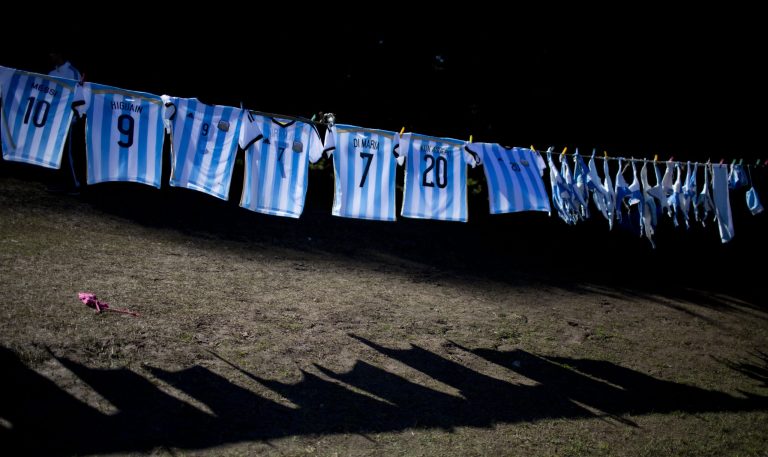 10ThingstoSeeSports - Argentina's national soccer team T-shirts hang for sale outside the Argentine Soccer Association before the team heads the airport in Buenos Aires, Argentina, Monday, June 9, 2014. Argentina's team is leaving Monday to compete in the Brazil's 2014 soccer Word Cup. (AP Photo/Natacha Pisarenko, File)