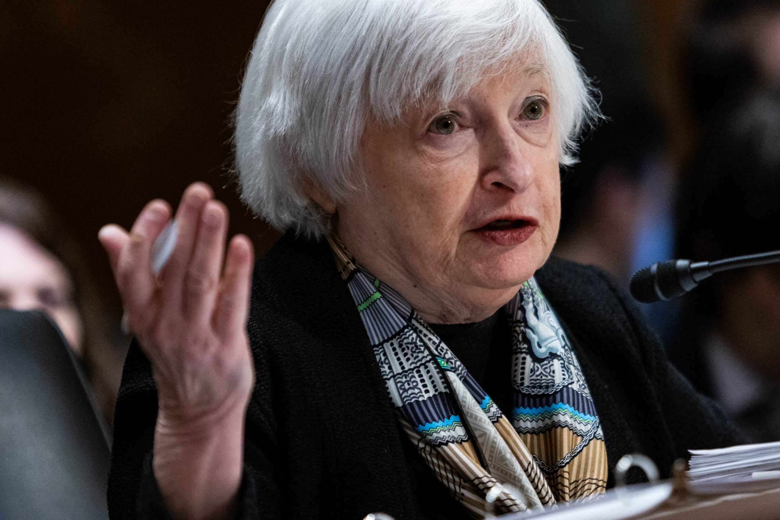 US Treasury Secretary Janet Yellen testifies before the Senate Finance Committee on the proposed budget request for 2024, on Capitol Hill in Washington, DC, March 16, 2023. 