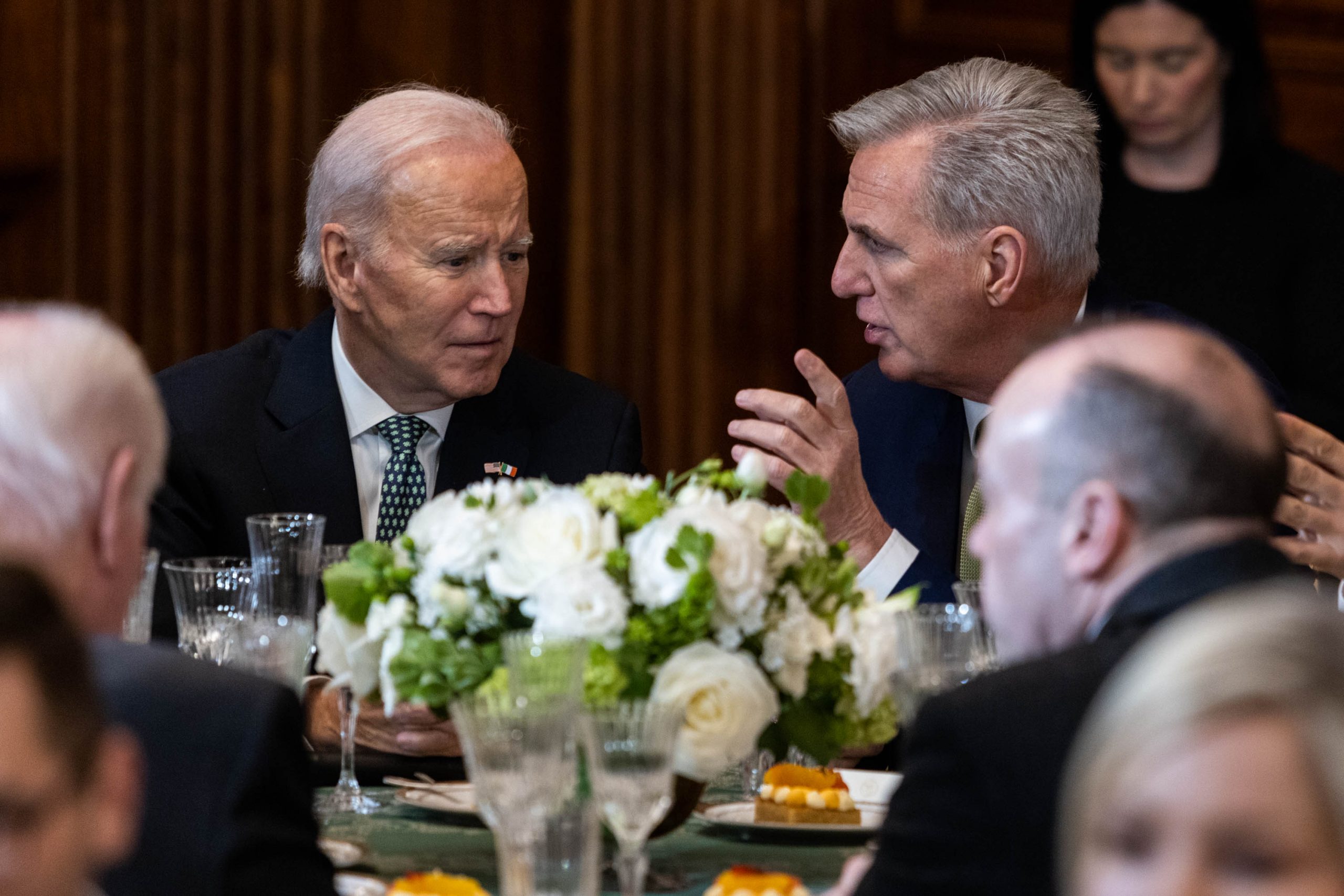 U.S. President Joe Biden and Speaker of the House Kevin McCarthy (R-CA) attend the annual Friends of Ireland Luncheon on St. Patricks Day, on Capitol Hill, March 17, 2023 in Washington, DC. The Friends of Ireland caucus was founded in 1981 by the late Irish-American politicians Irish-American politicians Sen. Ted Kennedy (D-MA), Sen. Daniel Moynihan (D-NY) and former Speaker of the House Tip ONeill 