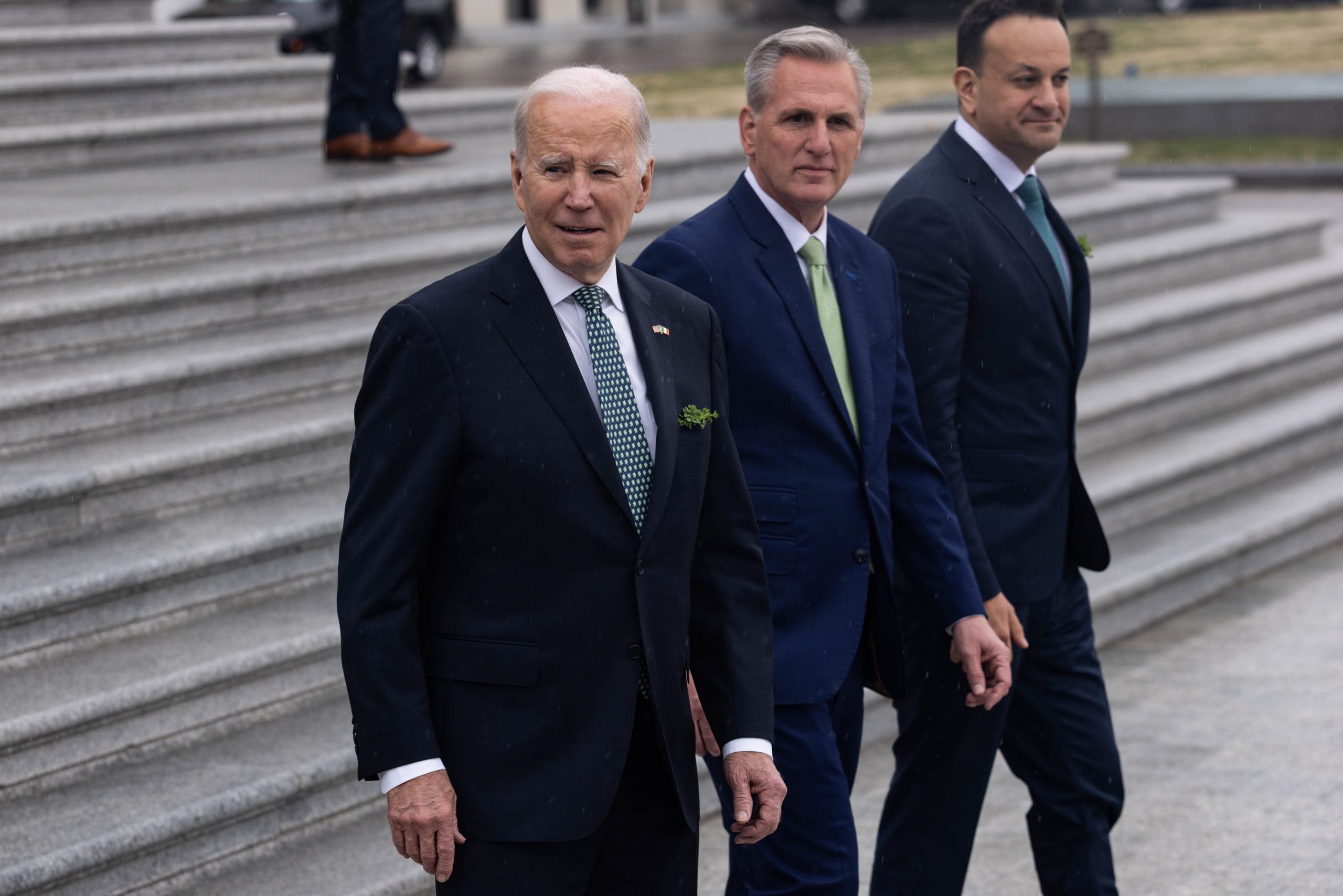President Joe Biden, Speaker of the House Kevin McCarthy (R-CA), and Irish Taoiseach Leo Varadkar depart the Capitol following the Friends of Ireland Luncheon on St. Patrick's Day, March 17, 2023 in Washington, DC. 