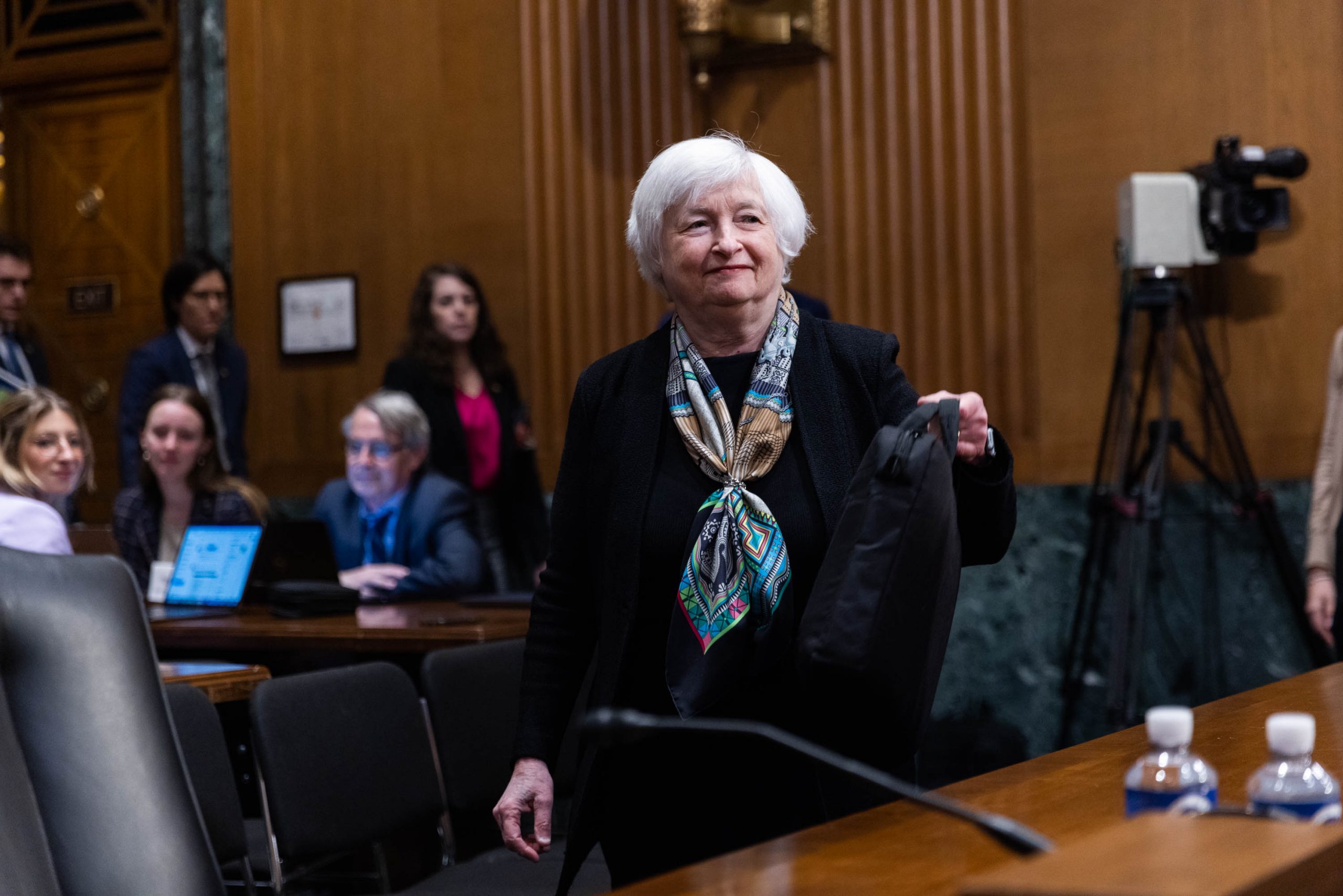 Treasury Secretary Janet L. Yellen arrives to testify before the Senate Committee on Finance on a hearing about President Joe Biden's fiscal year 2024 budget, on Capitol Hill, on Thursday, March 16, 2023, in Washington, D.C.