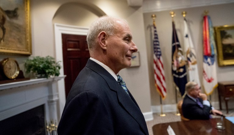According to four individuals present for the meeting with the Congressional Hispanic Caucus, White House chief of staff John Kelly (pictured) assured the room President Trump does not intend to let those protections lapse, and would be willing to back legislation that would address two of the 