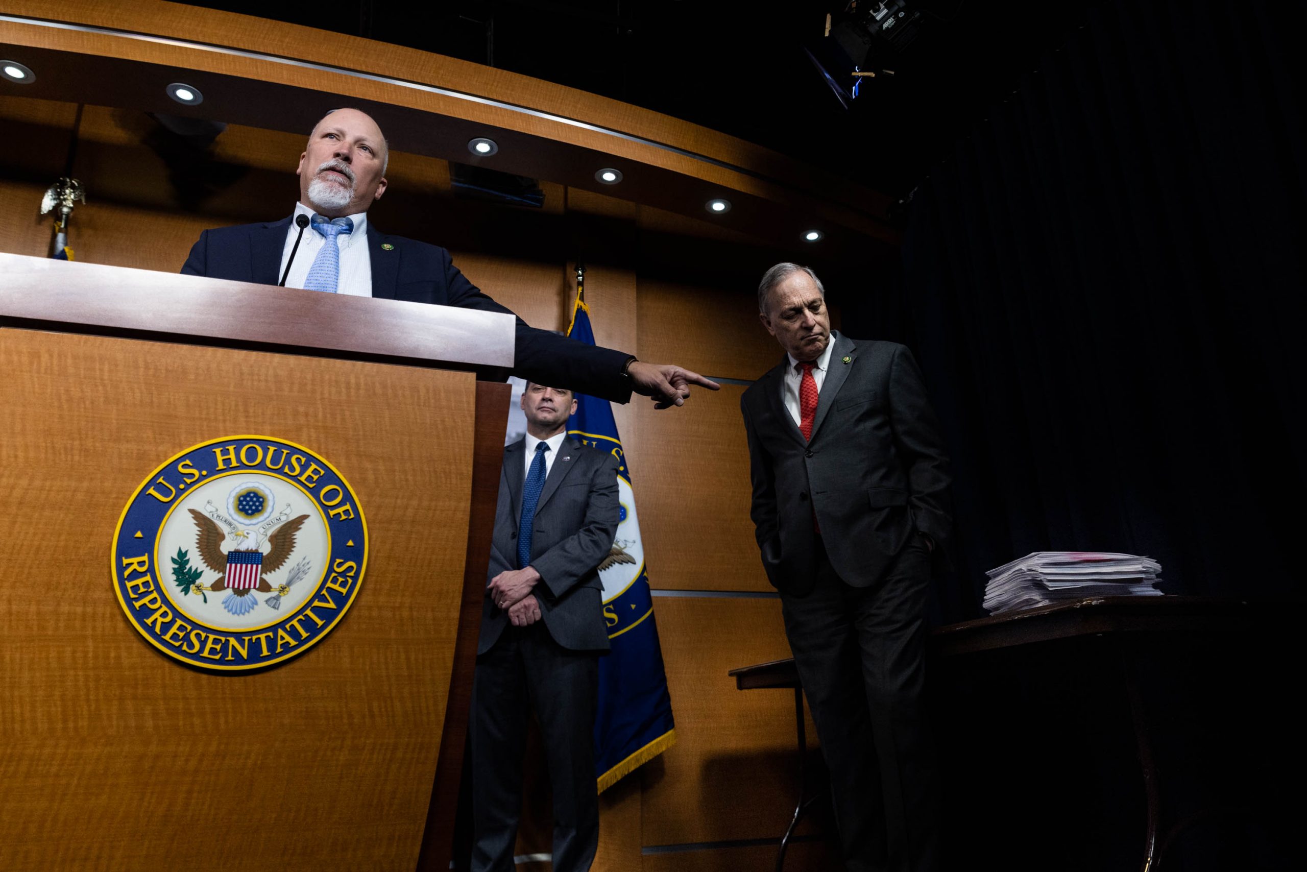 Rep. Chip Roy (R-TX)  points to hundreds of bills introduced by House Republicans to cut spending, during a press conference on the debt limit, on Capitol Hill, Tuesday, March 28, 2023.