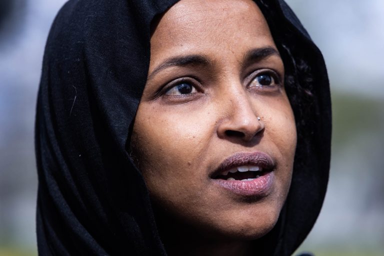 Rep. Ilhan Omar speaks against cuts to social security in front of Capitol Hill on March 28, 2023.