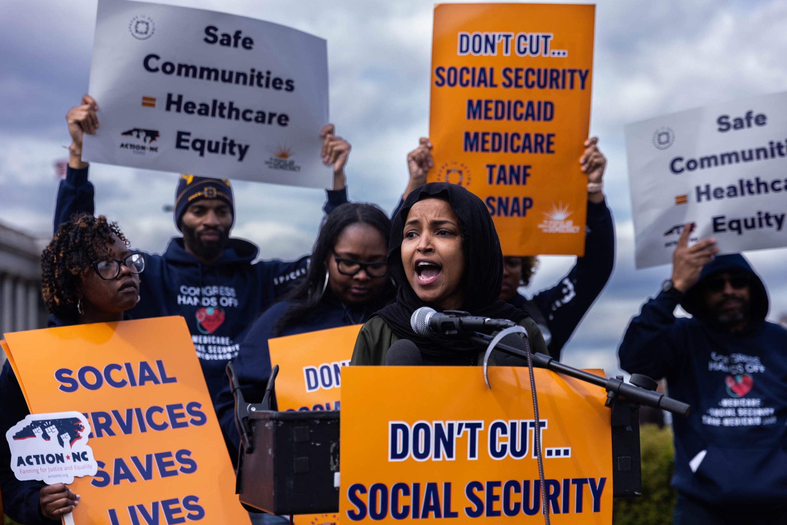 Rep. Ilhan Omar (D-MN) attends a press conference about social services and Medicaid on Monday, March 28, 2023. Republicans in the House and Senate are proposing cuts to social services to reduce spending, as a showdown between Republicans and the Biden Administration looms. 