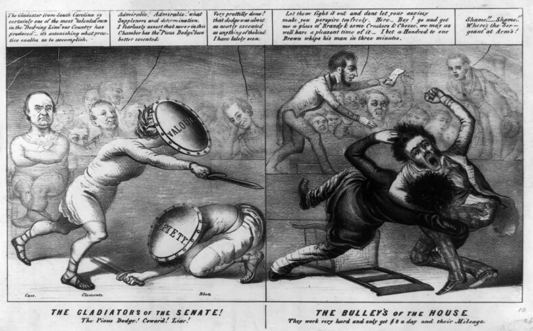 Caricatures by John L. Magee of the different modes of fighting in the two chambers of Congress: “The Bulley’s of the House” and the somewhat more genteel “Gladiators of the Senate” (ca. 1852).