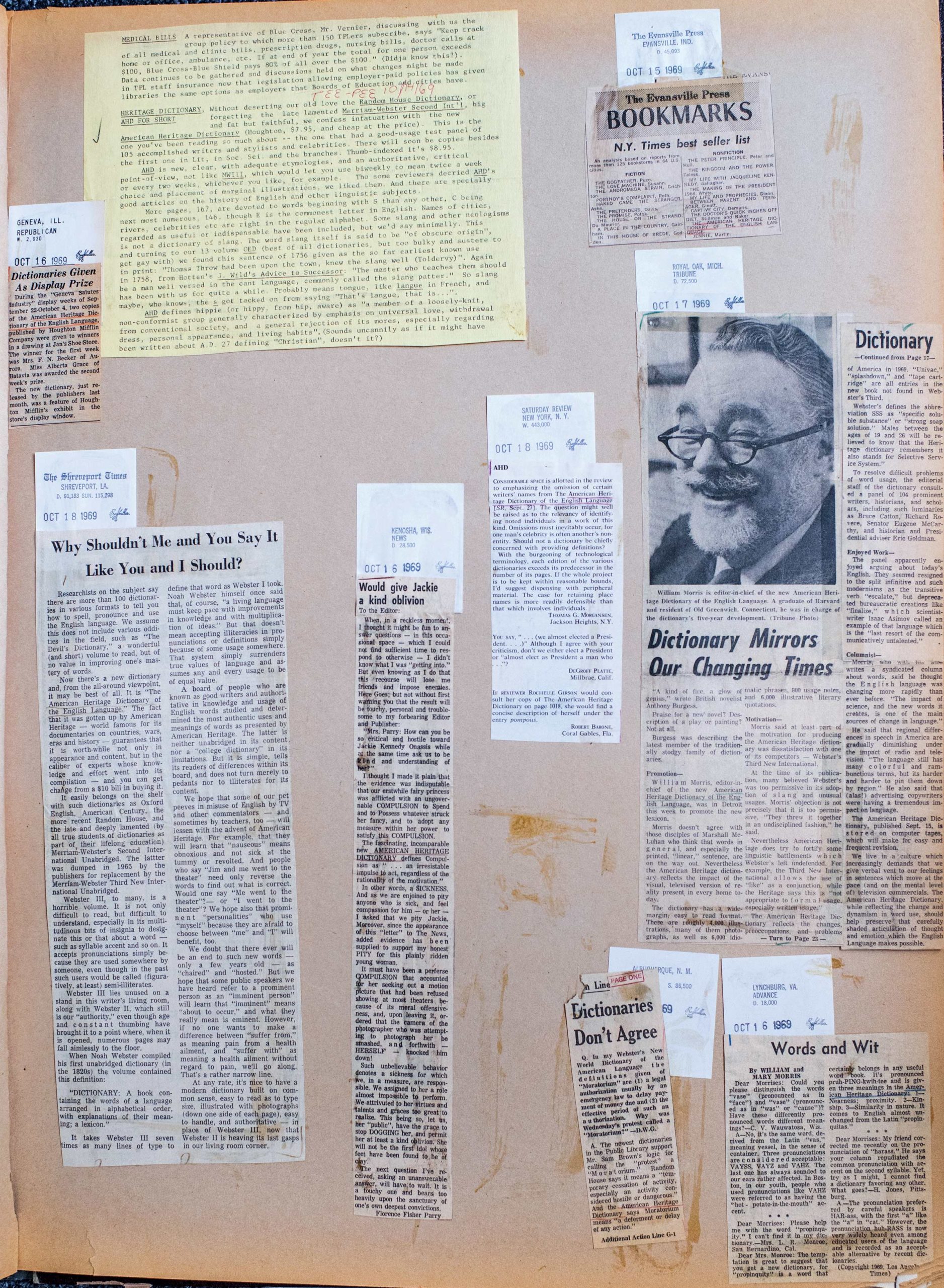 Page from a scrapbook of early ‘American Heritage Dictionary’ history.