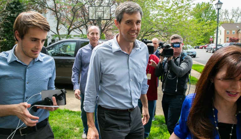 Democratic 2020 presidential candidate Beta O'Rourke speaks at a meet and greet at Tammy Derenak Kaufax's house in Alexandria, Virginia, Wednesday, April 17, 2019.
