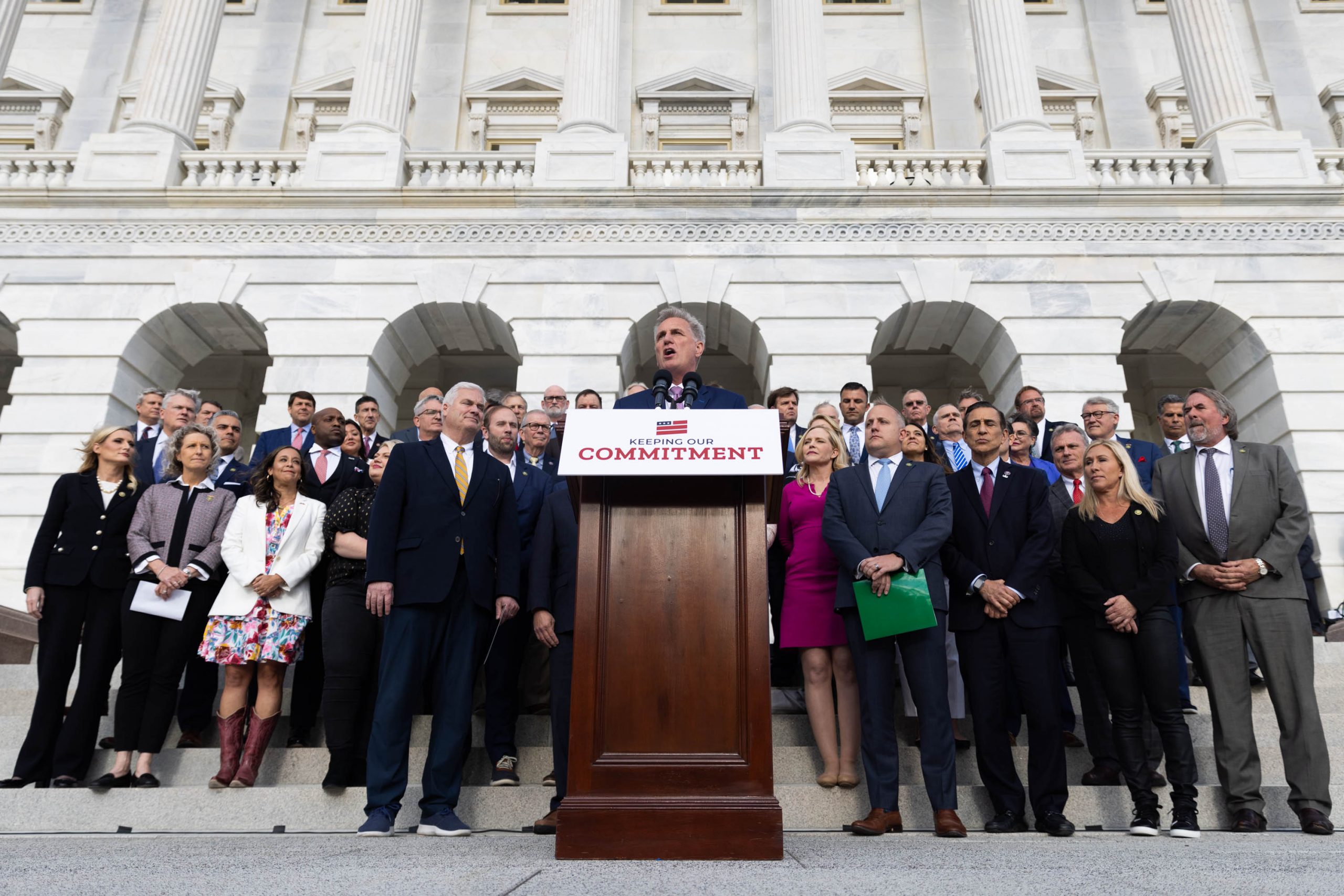 House Speaker Kevin McCarthy (R-CA) speaks at an event celebrating 100 days of House Republican rule at the Capitol Building April 17, 2023, in Washington, DC. Republican leadership spoke on legislative items accomplished, including requirements for in-person work for Congressional staff following the end of COVID-19 restrictions.