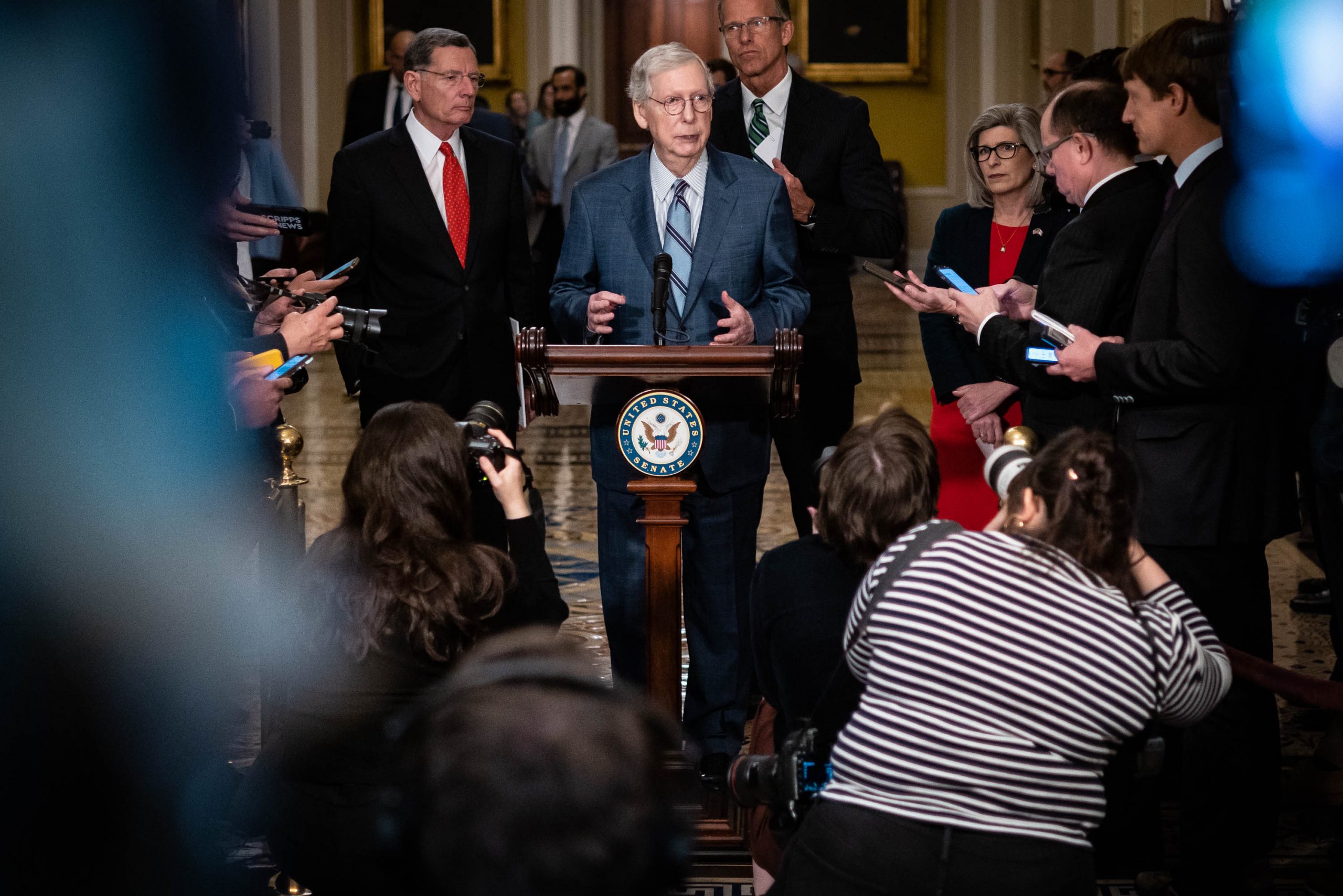 Senate Minority Leader Mitch McConnell (R-KY) speaks during a news conference following the Senate Republican weekly policy luncheons at the U.S. Capitol Building on April 18, 2023. McConnell participated in his first news conference with the media since recovering from a concussion from a fall at a Washington hotel.