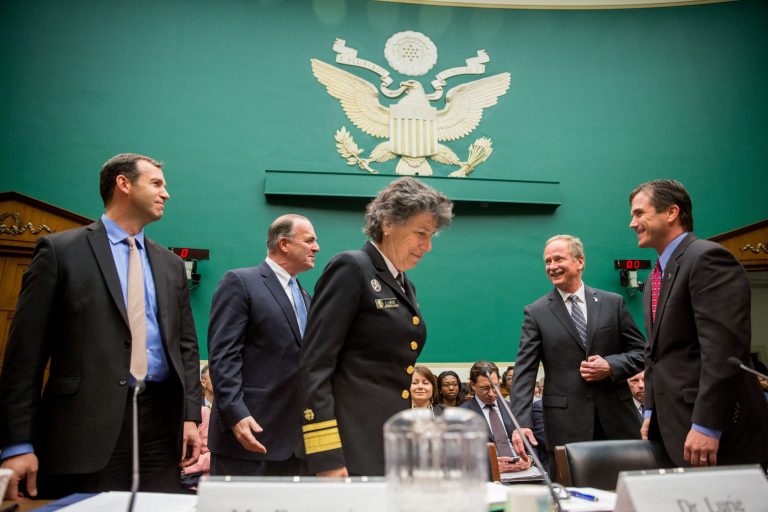 From left, EPA Office of Water Deputy Assistant Administrator Joel Beauvais, Rep. Dan Kildee, D-Mich., Health and Human Services Assistant Secretary for Preparedness and Response Nicole Lurie, Michigan Department of Environmental Quality Director Keith Creagh, and Michigan Department of Health and Human Services Director Nick Lyon, speak on Capitol Hill in Washington. (AP Photo/Andrew Harnik)