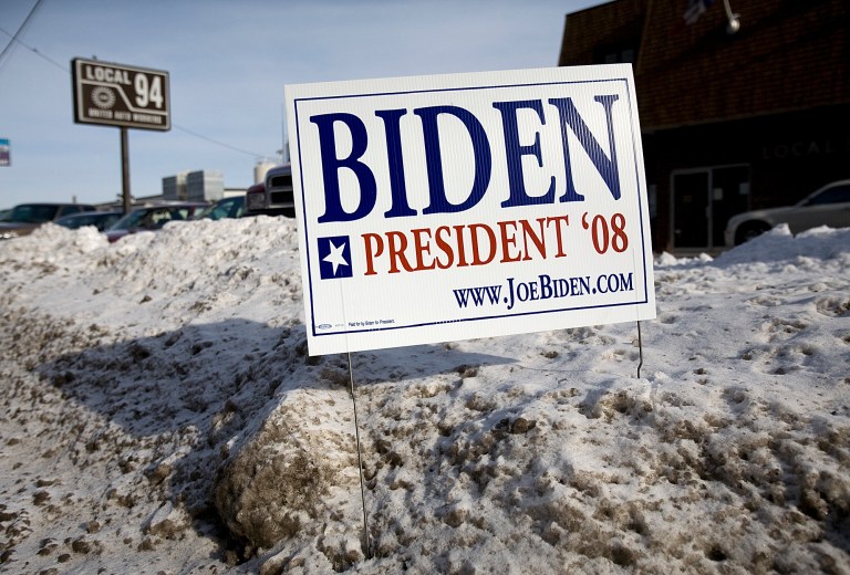 A campaign sign for Democratic presidential hopeful, Sen. Joe Biden, D-Del., sits in a snowbank at the site of a morning rally at the UAW Hall in Dubuque, Iowa, on the day of the Iowa caucus, Thursday, Jan. 3, 2008, in Dubuque, Iowa. (AP Photo/Mark Hirsch)