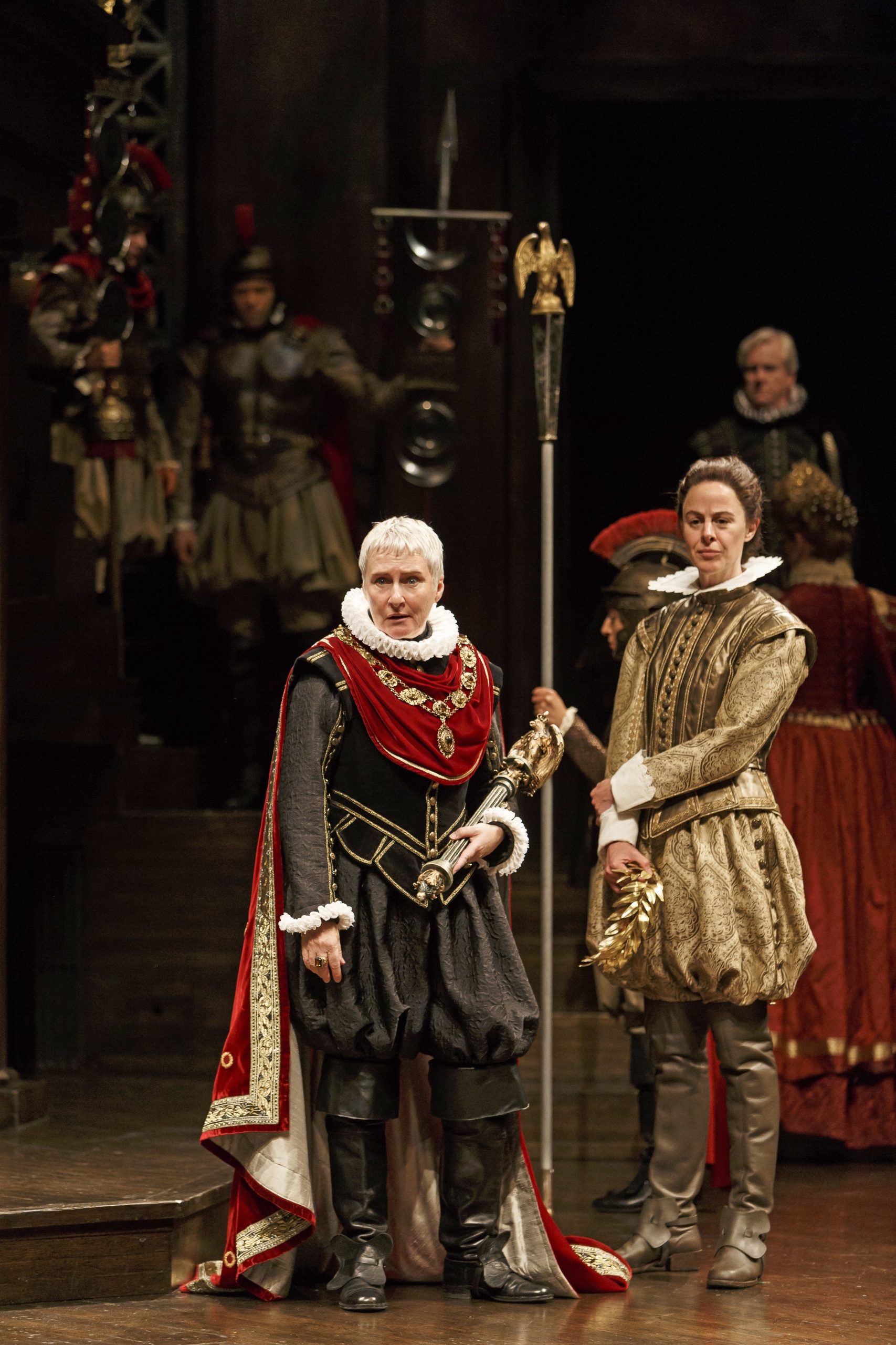 Seana McKenna (left) as Julius Caesar and Michelle Giroux as Mark Antony with members of the company in the Stratford Festival’s 2018 production of ‘Julius Caesar.’