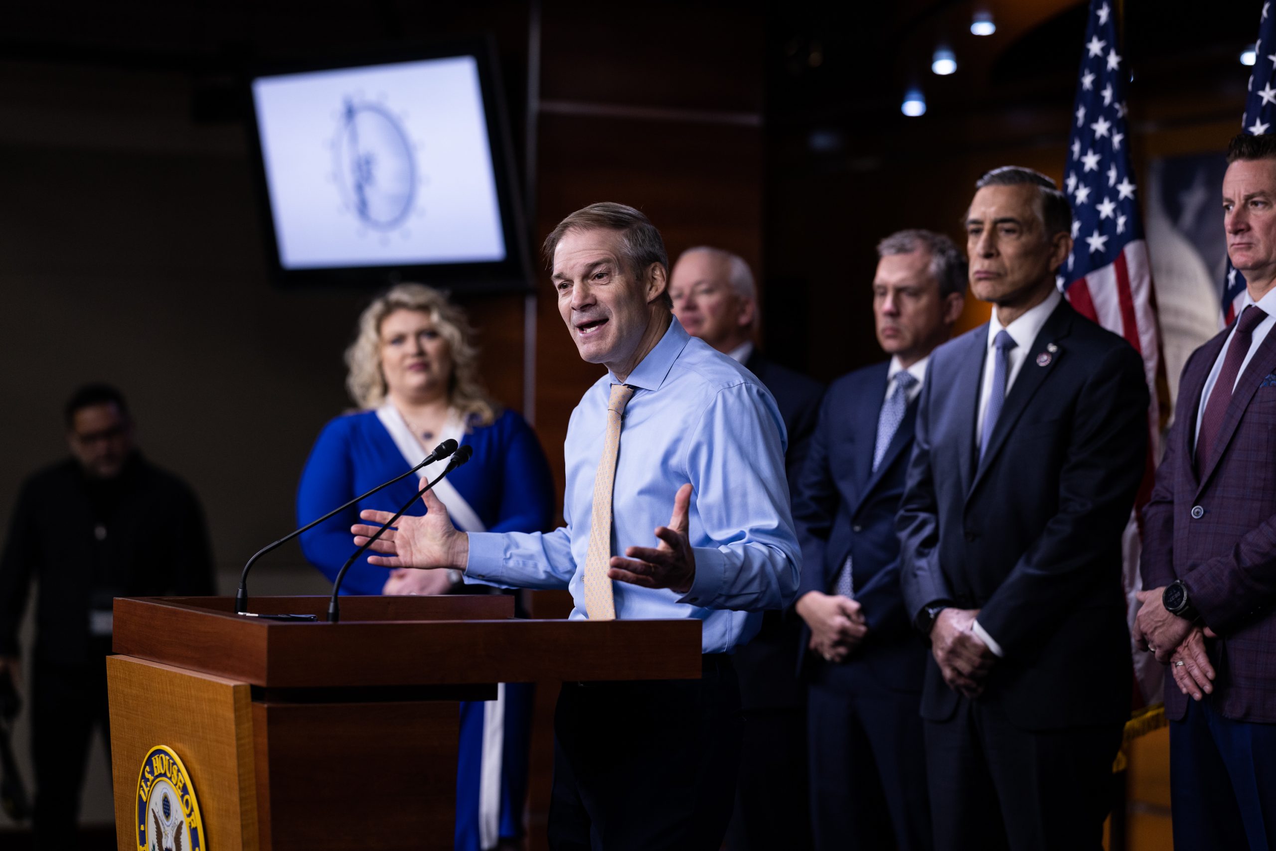 Rep. Jim Jordan (R-OH) speaks during a Judiciary Committee and Select Weaponization Subcommittee press conference on the new whistleblower report, on Capitol Hill, Thursday, May 18, 2023.
