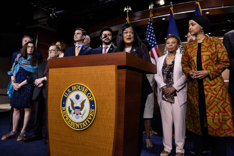 Rep. Pramila Jayapal, a Democrat from Washington, answers questions during a news conference at the US Capitol in Washington, D.C., on May 24, 2023. 