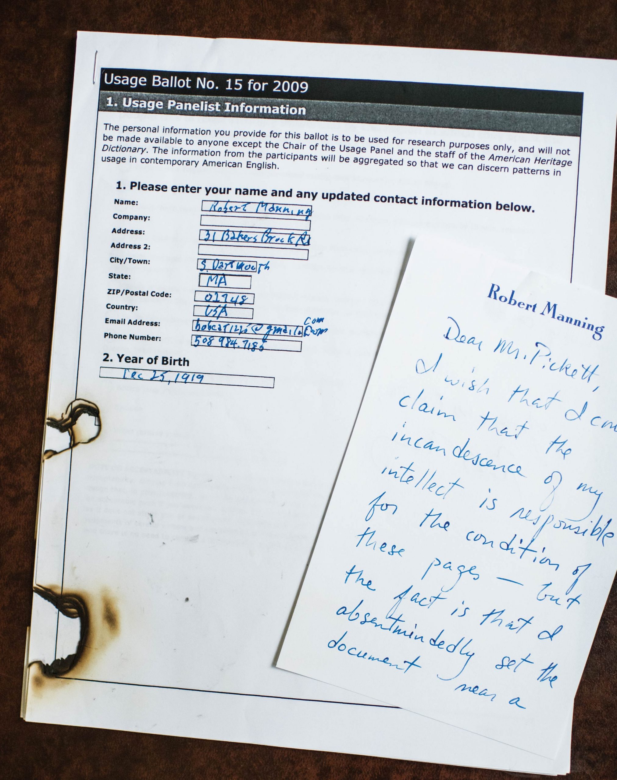 A burnt American Heritage Dictionary usage panel ballot.