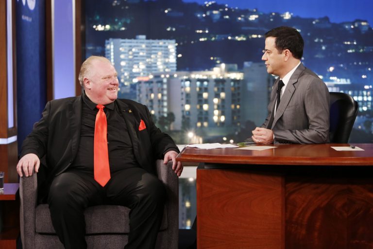 FILE - This March 3, 2014 file image released by ABC shows Toronto Mayor Rob Ford, left, with host Jimmy Kimmel on the late night talk show 