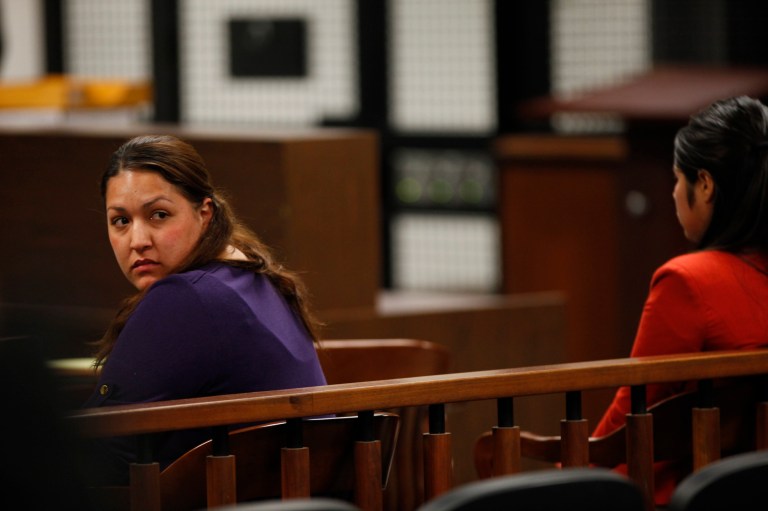 Candace Marie Brito, left,  and co-defendant Vanesa Zavala  sit in court during their preliminary hearing at  the West Justice Center in Westminster, Calif. Monday  Feb. 10, 2014. Brito and Zavala are facing charges in the beating death of Kim Pham in front of a Santa Ana nightclub.  (AP PHOTO/LOS ANGELES TIMES, Mark Boster, Pool )
