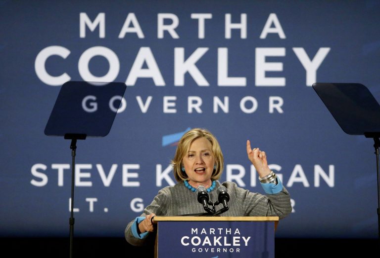 Former Secretary of State Hillary Rodham Clinton speaks to supporters of Massachusetts Democratic gubernatorial candidate Martha Coakley during a Coakley campaign event at the Park Plaza Hotel in Boston, Friday, Oct. 24, 2014. (AP Photo/Stephan Savoia)
