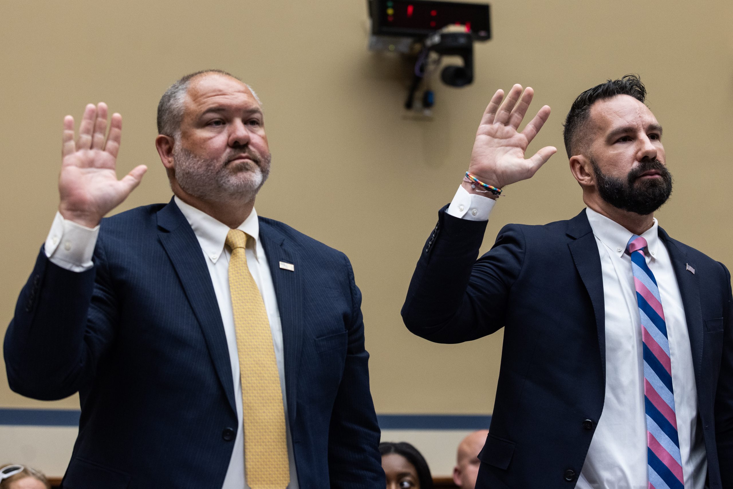 Supervisory IRS Special Agent Gary Shapley, left, and IRS Criminal Investigator Joseph Ziegler, previously known as Whistleblower X, are sworn-in before a House Oversight Committee hearing related to the Justice Department's investigation of Hunter Biden, on Capitol Hill July 19, 2023. Both whistleblowers allege the Hunter Biden investigation was "slow-walked" and mishandled by the DOJ.