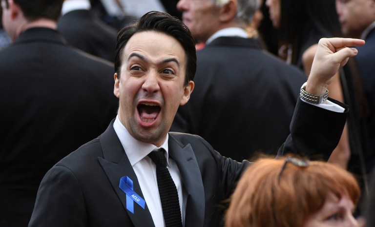 Lin-Manuel Miranda wears an ACLU ribbon as he arrives at the Oscars on Sunday, Feb. 26, 2017, at the Dolby Theatre in Los Angeles. (Photo by Al Powers/Invision/AP)