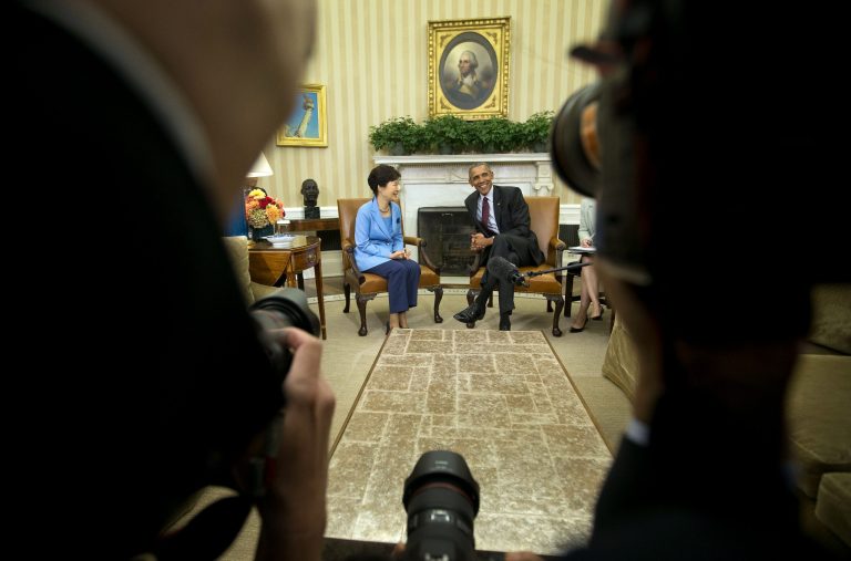 President Barack Obama meets with South Korean President Park Geun-hye, Friday in the Oval Office of the White House in Washington. (AP Photo/Pablo Martinez Monsivais)