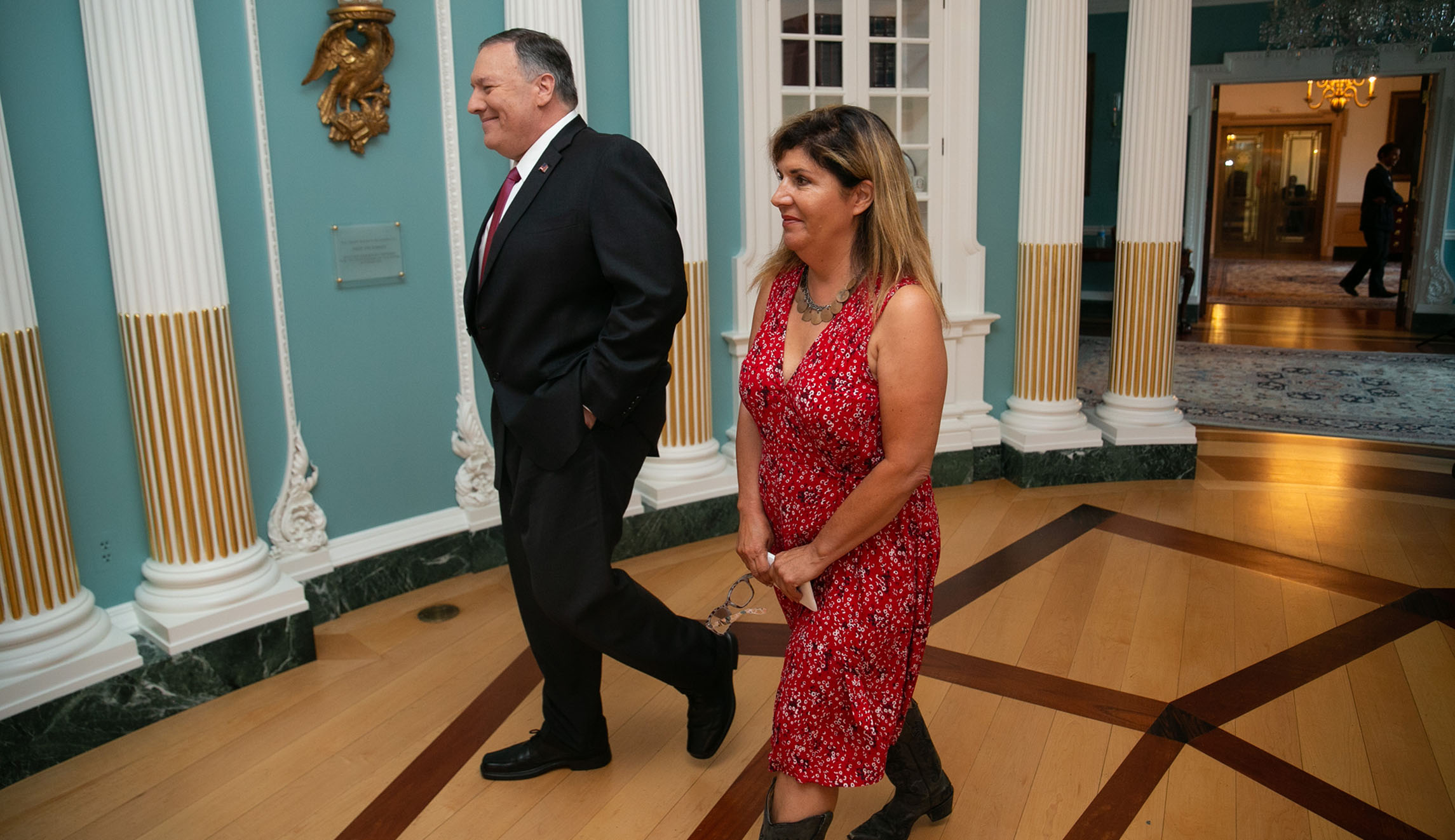 Secretary of State Mike Pompeo (left) and the Washington Examiner's Salena Zito (right) are seen.