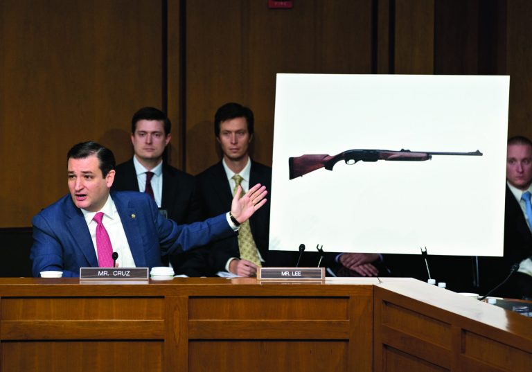 FILE - In this Jan. 30, 2013 file photo Sen. Ted Cruz, R-Texa,s points to a life size photo of a Remington 750, a popular hunting rifle, to make a point about the proposed ban on certain kinds of guns during a Senate Judiciary Committee on Capitol Hill in Washington. Weeks into his job, Texas Republicans are cheering Cruz's indelicate debut and embracing him as one of their own. The insurgent Republican elected with the tea party's blessing and bankroll, has run afoul of GOP mainstays, prompted Democrats to compare his style to McCarthyism. (AP Photo/J. Scott Applewhite, File)