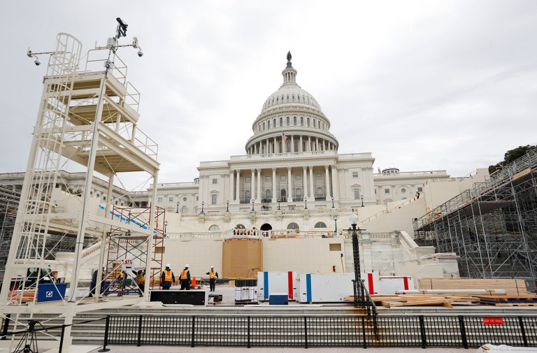 Construction continues on the Inaugural platform in preparation for the Inauguration and swearing-in ceremonies for President-elect Donald Trump, on the Capitol steps in Washington. (AP Photo/Pablo Martinez Monsivais)
