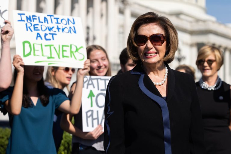Speaker of the House Nancy Pelosi, D-CA, joins Protect Our Care to speak during a press conference on Sept. 21, 2022, in Washington, D.C. Pelosi, along with other lawmakers, celebrated the passage of the Inflation Reduction Act and the steps it takes to lower healthcare costs.