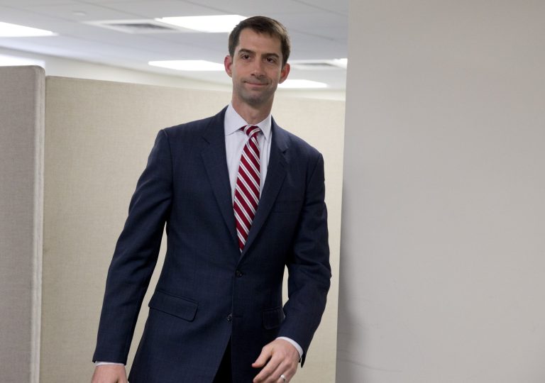 Sen. Tom Cotton, R-Ark. arrives to pose for photographers in his office on Capitol Hill in Washington, Wednesday, March 11, 2015. (AP Photo/Carolyn Kaster)