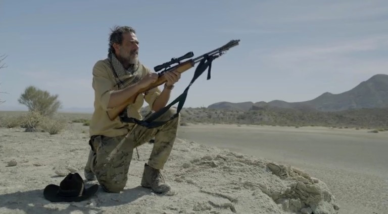 Screen grab of the vigilante shooter in the anti-Trump Mexican movie Desierto.
